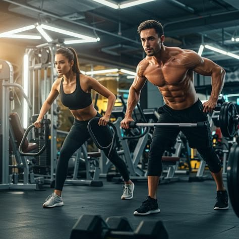 Pareja ejecutando una rutina de ejercicios en gimnasio.