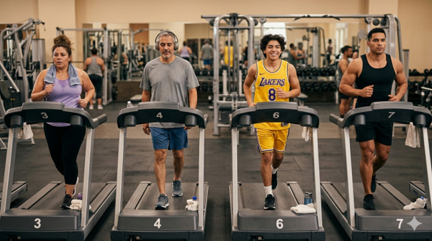 Personas ejercitándose en caminadoras con diferentes objetivos.